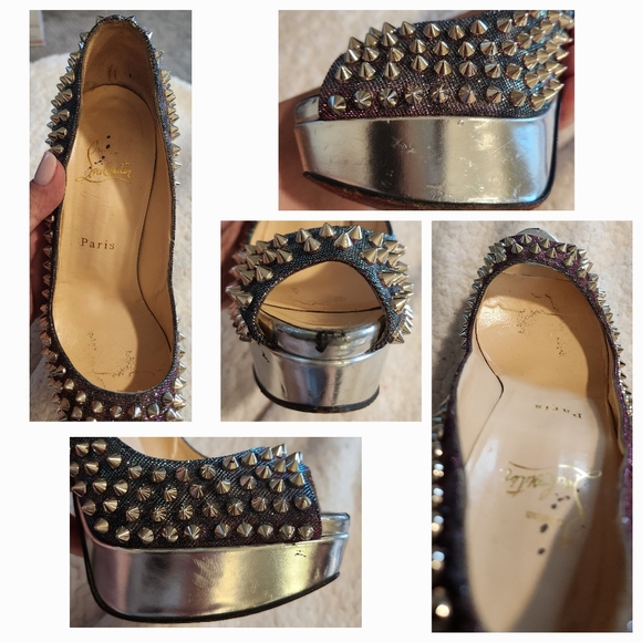 CHRISTIAN LOUBOUTIN Metallic Lame Lady Peep Spike Platform Pumps Size 37 - Picture 16 of 16